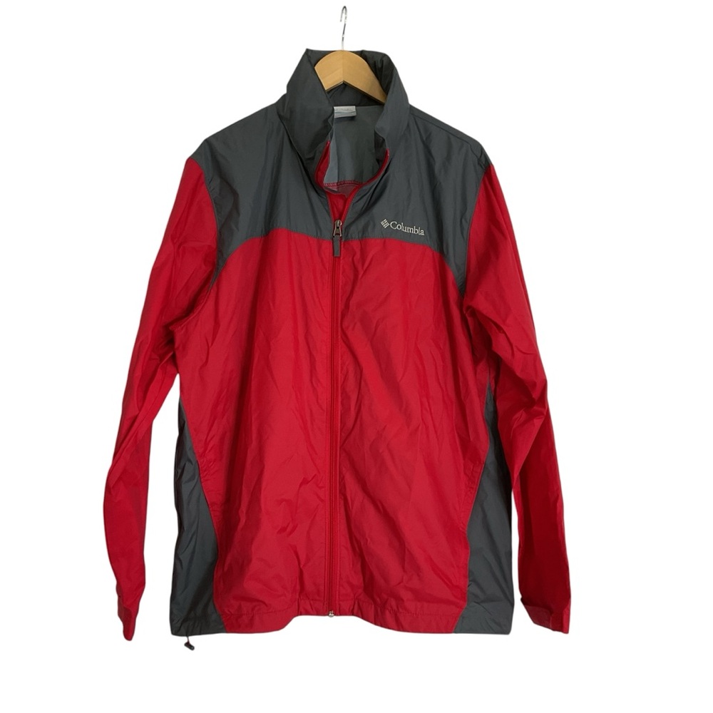 Columbia Men’s Rain Jacket Size L Red Grey Hood Full Zipper 1070